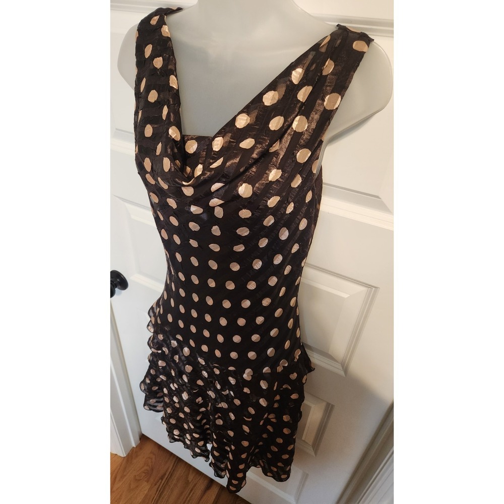 Vtg Joseph Ribkoff Size 8 Brown Polka Dot Sheath Dress Tiered Ruffles Cowl Neck - Picture 5 of 11